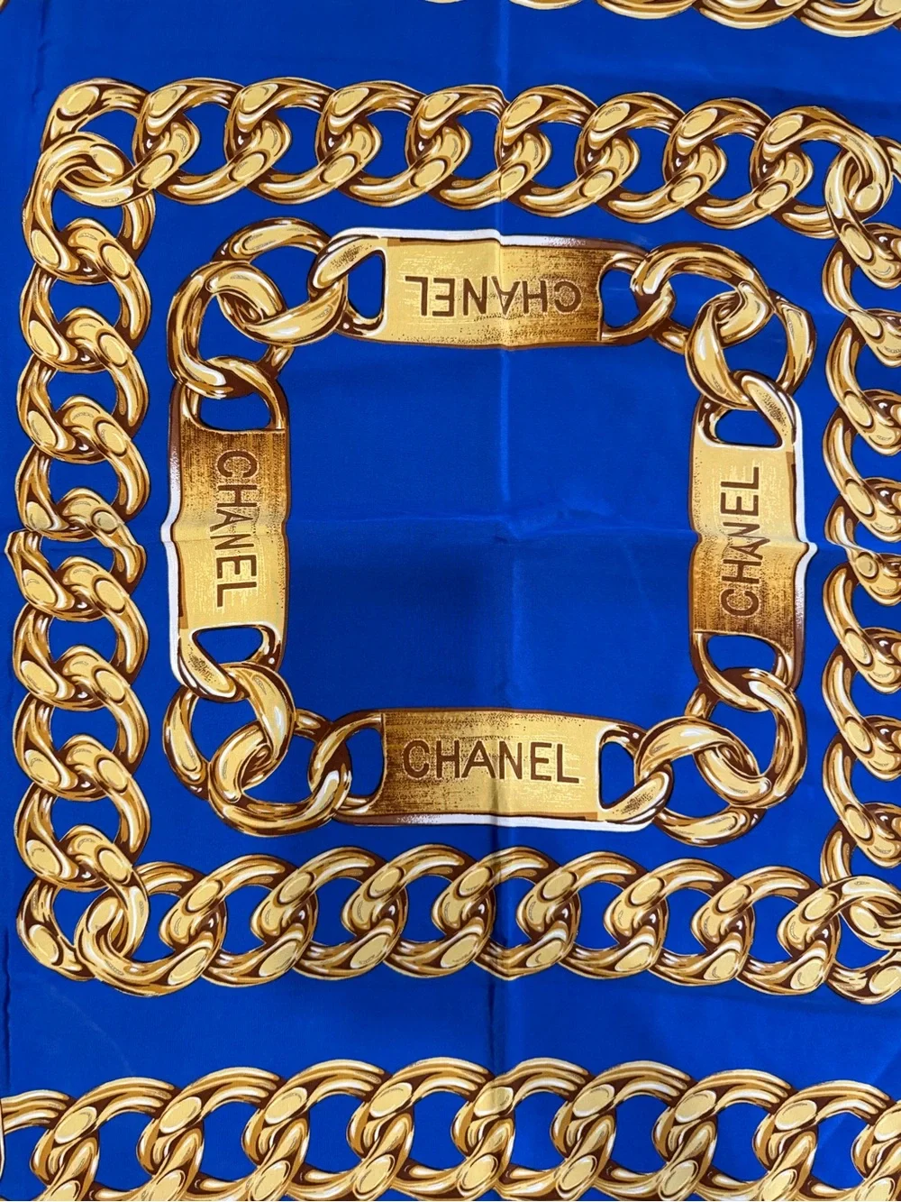 CHANEL Royal Blue Silk Scarf with Gold Chain Print